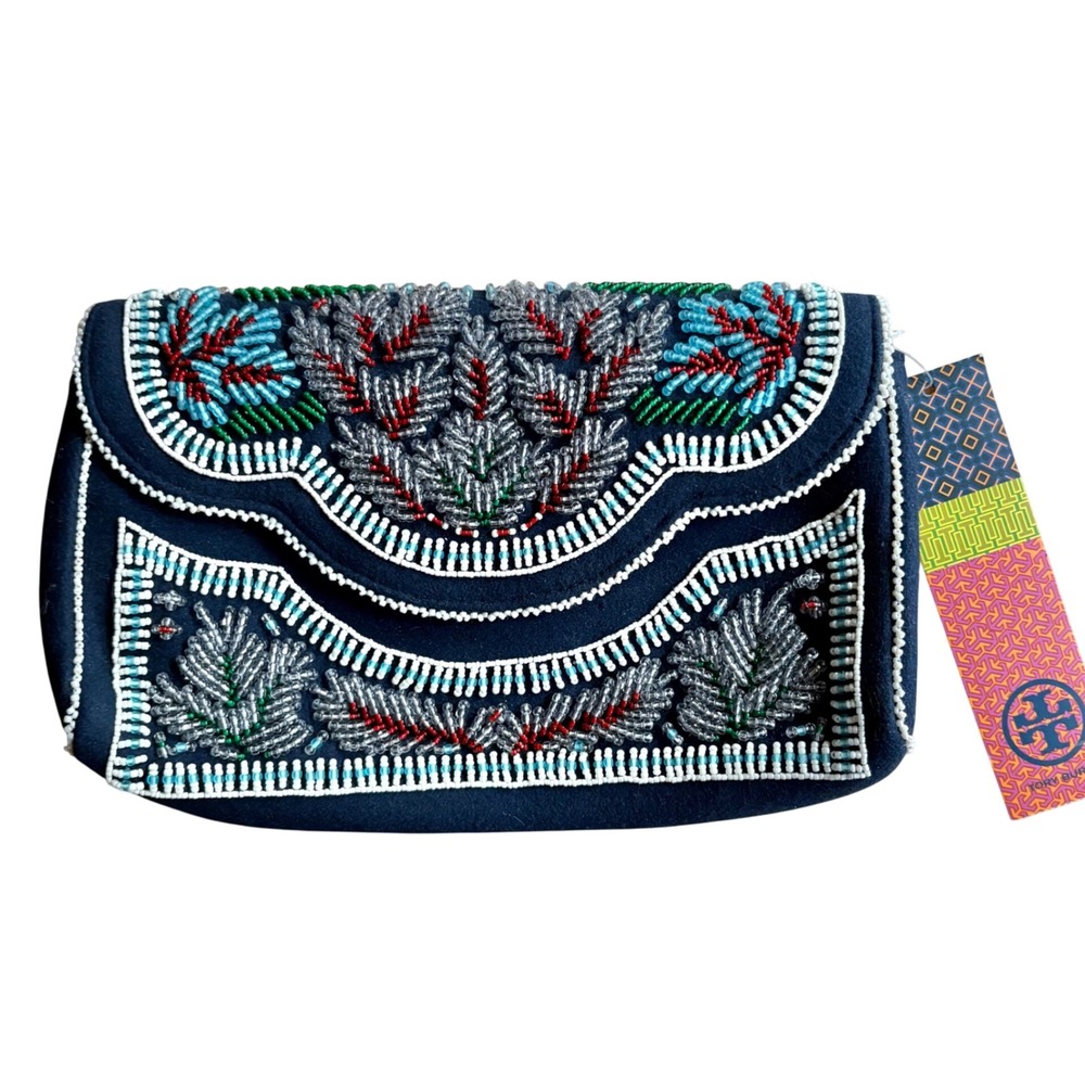 NWT TORY BURCH‎ Indian Beaded Clutch Navy Blue Felt Purse, Designer Handbag